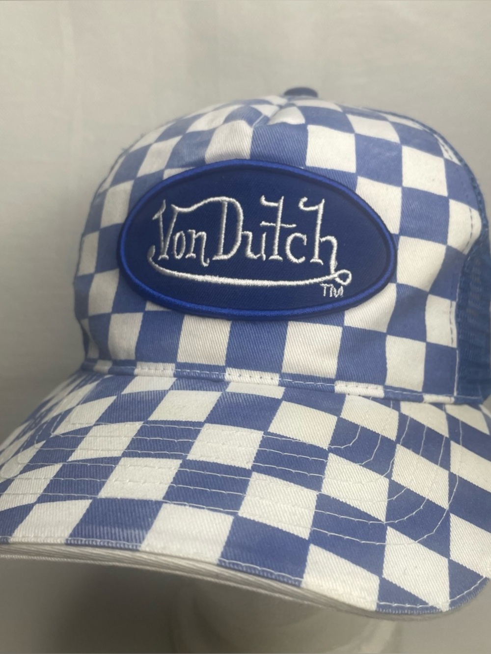 VTG Y2K Von Dutch Trucker Hat Cap Blue White Checker Class Patch Logo SnapBack